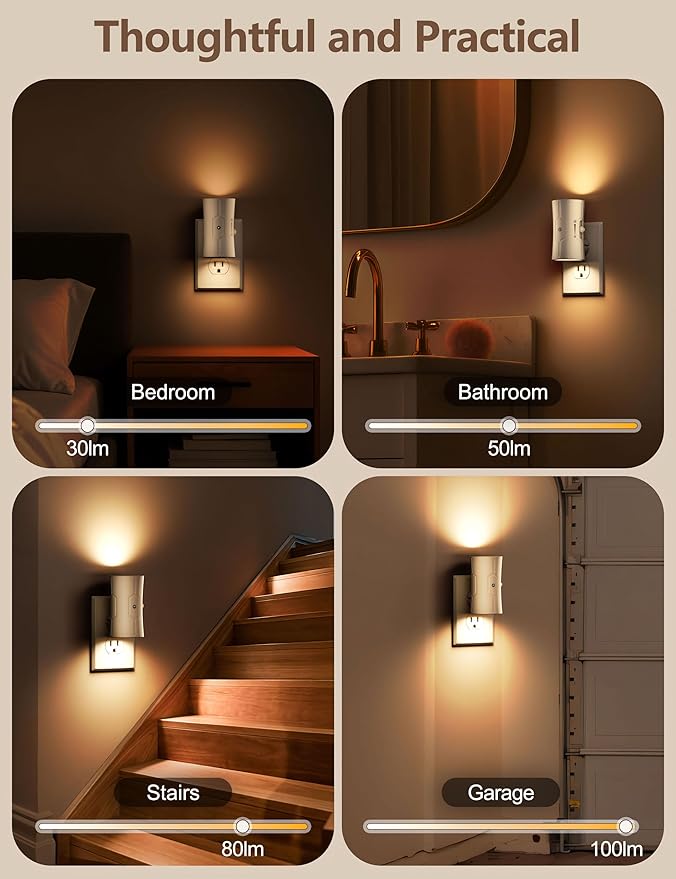 fesnne Night Light, LED Night Lights Plug into Wall, [2 Pack] Warm White 3000K, 0-100LM Adjustable Brightness Light Sensor Nightlights Plug in wall for Hallway, Bathroom, Adults, Neutral Beige