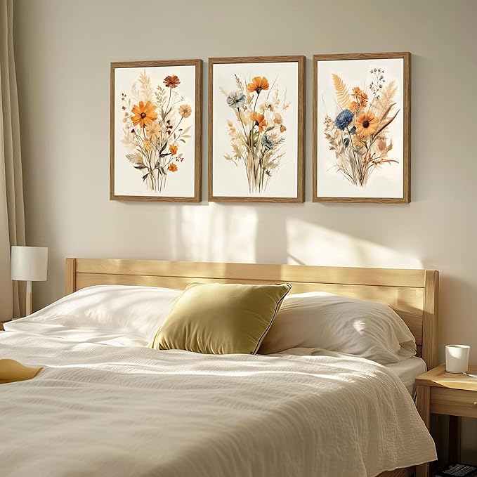 Vintage Wildflower Framed Canvas Wall Art Set of 3 – Rustic Botanical Floral Pictures Prints for Living Room Bedroom Bathroom, Retro Boho Wall Decor for Home Aesthetic 16x24 inch