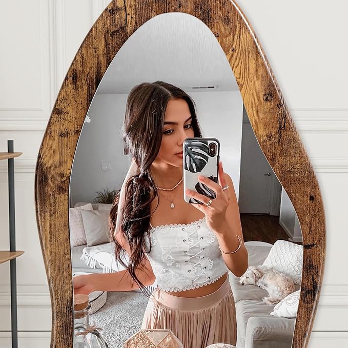 Full Length Mirror 59" x 24" Irregular Wall Mirrors Wood Framed Full Body Mirror Hanging or Leaning Against Wavy Floor Mirrors for Living Room Bedroom Entryway Bathroom Retro Brown