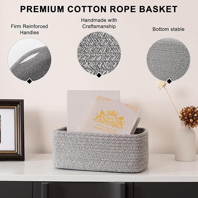 OIASKET 4 Pack Small Storage Shelf Baskets for Organizing, Mini Woven Rope Storage Bins for Towels, Cute Decorative Closet Organizer，Baby Nursery, Gift Empty Baskets -11.81''Lx7.87''Wx4.72''H-Grey