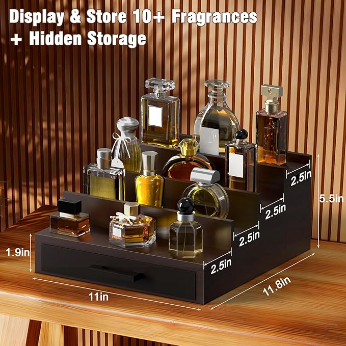 Sunexinlo 4 Tier Cologne Organizer for Men, Black Walnut Wooden Perfume Display Stand with Drawer Divider Dual Hidden Storage Compartments, Shelf for Cologne Watch Jewelry Skincare Grooming, Ideal Birthday Gift for Men and Fathers