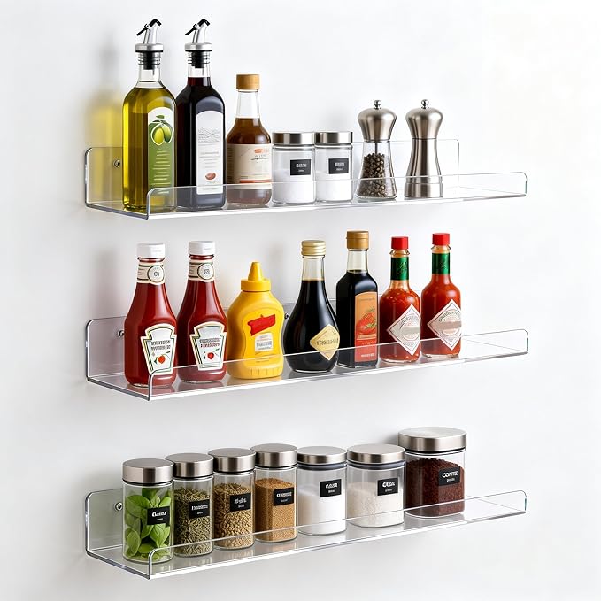 Clear Acrylic Shelves for Bathroom, 15'' Floating Shelves Wall Organizer for Perfume, Skincare, Bookshelf Organizer for Bedroom, Kids Room, Living Room, Room Decor