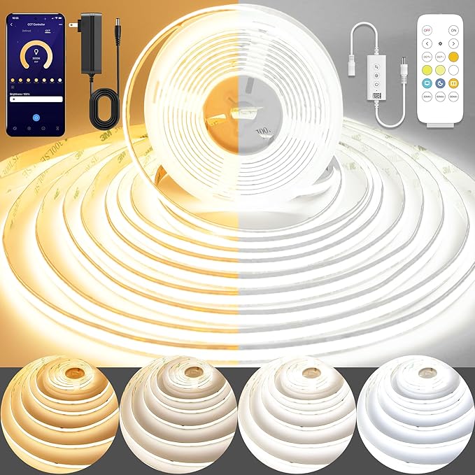 Pandery COB LED Strip Light,CCT Dimmable Strips Light,2700K-6500K,65ft/20m,8mm Wide,CRI90+ 24V LED Strips Kit with Bluetooth APP Control/Music Mode,for Bedroom,Kitchen,DIY Lighting