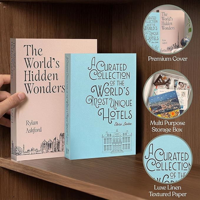 MESMOS Set of 2 Decorative Coffee Table Books, Faux Book Storage Boxes for Bookshelf & Living Room Home Decor, Hardcover Fake Books for Decoration, Travel & Wanderlust Edition