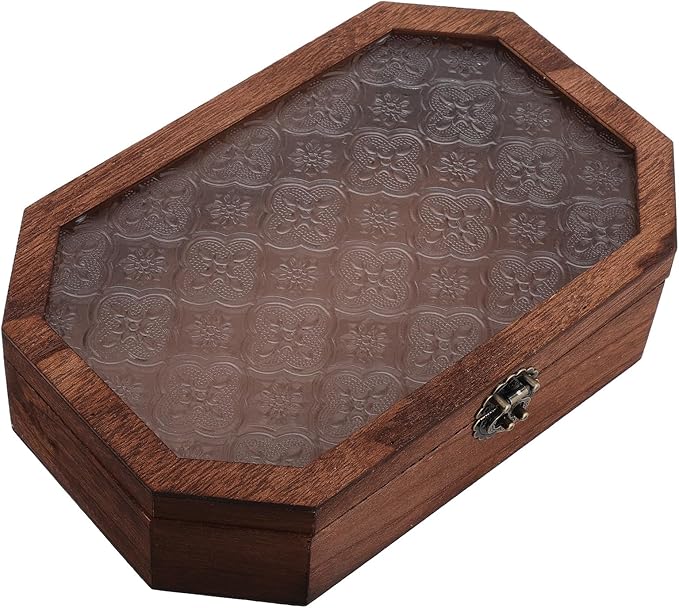 Zerodeko Wooden Display Box with Hinged Lid Small Octagonal Wood Storage Box Vintage Makeup Organizer for Vanity Decorative Keepsake Storage for Jewelry and Trinkets