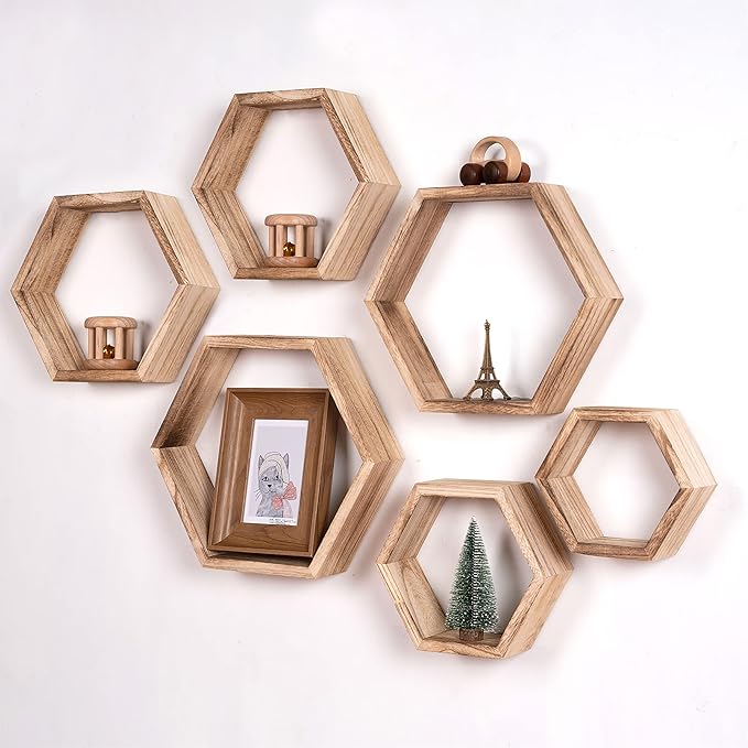 WONFUlity Hexagon Floating Shelves Honeycomb Shelves Wall Mounted Wood Farmhouse Storage Wall Shelf for Bathroom, Kitchen, Bedroom, Living Room,Driftwood Finish Decor,Light Brwon