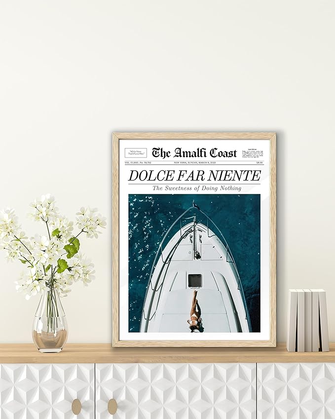 EcoHest UnframedTrendy Newspaper Dolce Far Niente Wall Art, 12x16 in OAK Wood La Dolce Vita Canvas Art, Magazine Italian Summer Headline Print Decor, Beige Logs Set of 1 for Bedroom Living Room