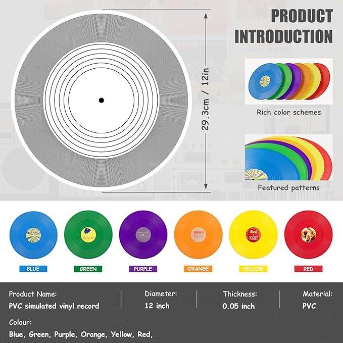 Facmogu 6 Pack Blank Vinyl Records, 12 Inch Fake Vintage Record for Wall Aesthetic, PVC Blank Record for Rock & Roll Music Party Wedding Decoration, Retro Vinyl Records for Studio Room Decor (6 Color)