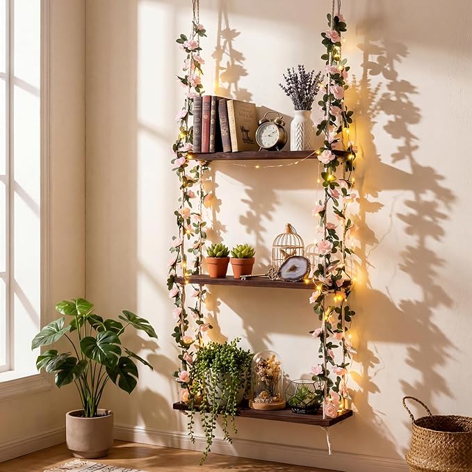 AceOrbit 3 Tier Wall Hanging Shelves with Artificial Ivy Leaves, 15.8"x52" Boho Room Decor Handmade Cotton Rope, Wooden Hanging Storage Floating Shelves for Small Plants, Living Room Bedroom