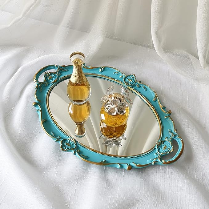 Oval Decorative Mirror Tray, French Style, Makeup Organizer, Jewelry Organizer, Serving Tray, 9.8"x 14.6", Golden Blue