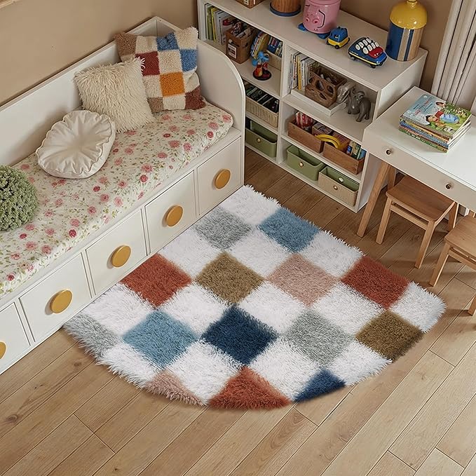 PureCozy Checkered Rug 6ft Radius Corner for Playroom, Modern Rainbow Shag Super Soft Washable Fluffy Rugs Indoor Fuzzy Carpet for Bedroom Home Dorm Aesthetic Decor