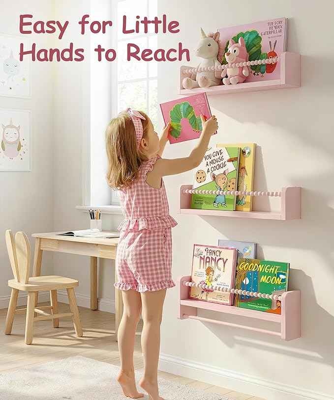 Nursery Book Shelves for Wall Set of 3, Pink Natural Wood Bookshelf Wall Decor, Small Floating Shelf Organizer for Kids Room, Bedroom, Kitchen Spice Rack