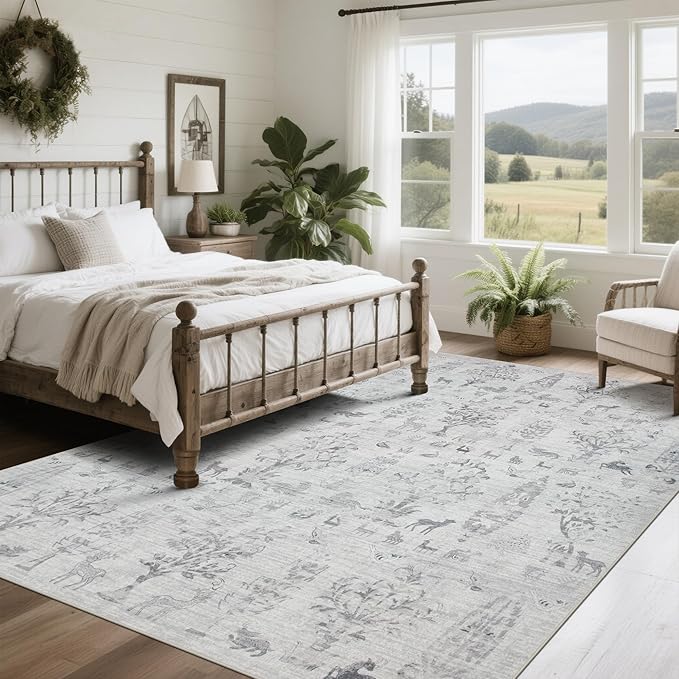Srugn Washable Rugs 8x10 Area Rugs for Living Room,Bedroom,Dining Room- Large Ultra Soft Faux Wool Retro Carpet,Non Slip&Non-Shedding Low Pile Vintage Rug for Home Office Dorm Playroom-Tree Gray