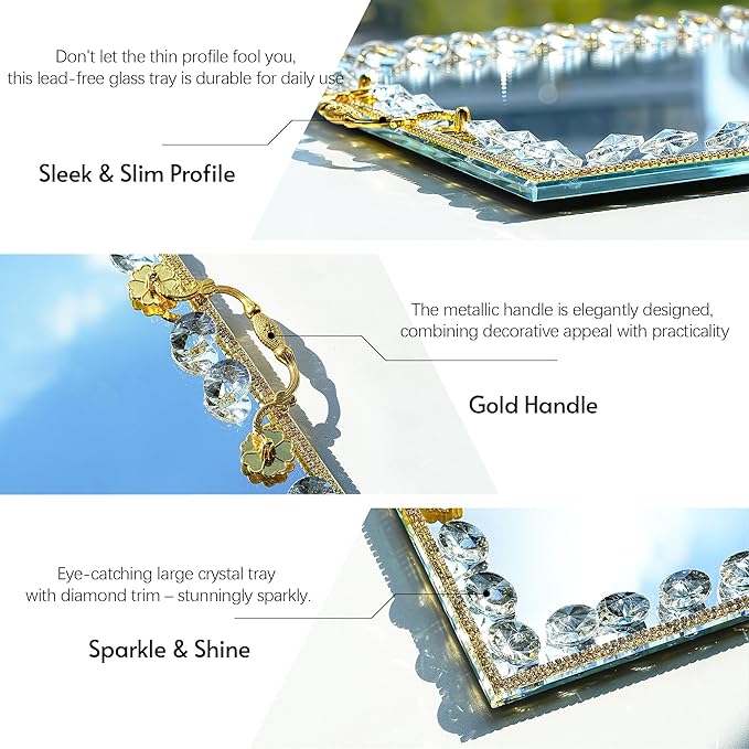 kanpura Large Crystal Tray Modern Glass Mirror Jewelry Trinket Trays with Diamond, 14.7" x 10.8" Rectangular Makeup Perfume Tray for Bathroom Bedroom, Hotel Banquet, Party (Golden)