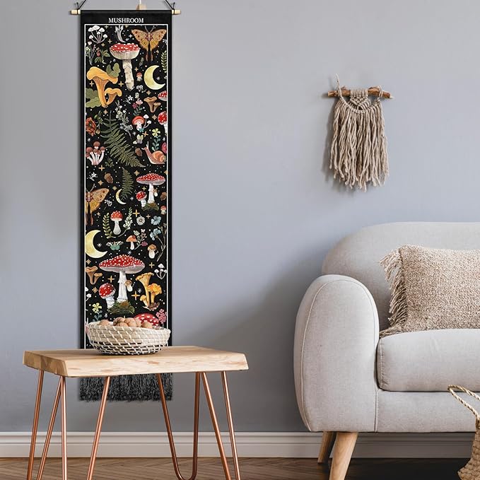 Tegeme Vintage Tapestry 52 x 13 Inch, Long Vertical Wall Hanging Reference Illustrative Botanical Tassel Tapestry for Bedroom Living Room Home Decoration(Mushroom)