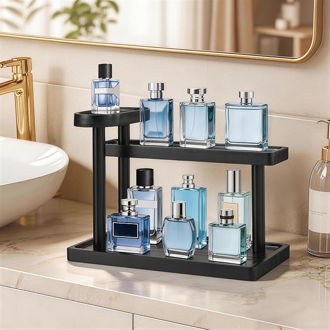 HBlife Cologne Organizer for Men, 12.5 Inch Cologne Stand for Men, Wooden Perfume Rack Display Shelf, 3-Tier Perfume Stand Organizer for Bedroom, Bathroom and Vanity, Ideal for Makeup Storage, Black