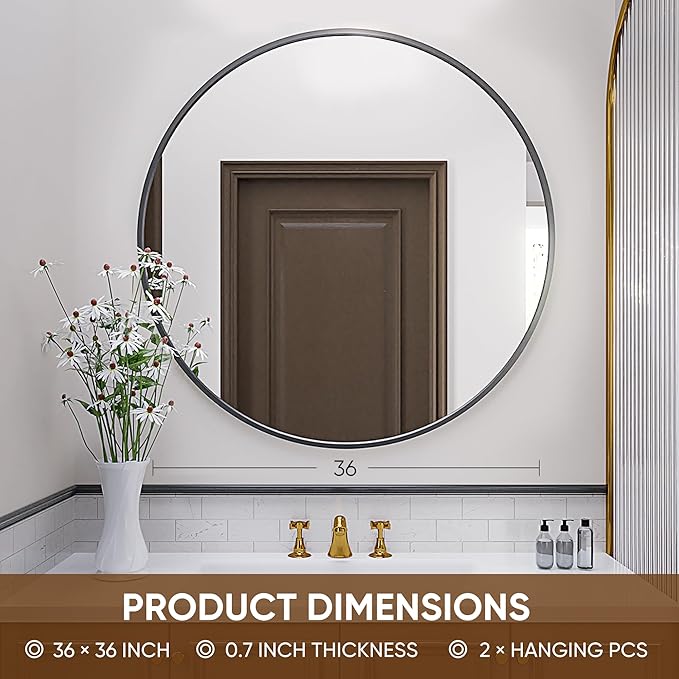 Antok 36 Inch Round Mirror for Wall, Round Bathroom Mirror, Circle Wall Mirrors with Black Metal Frame, Circle Mirrors Suitable for Wall, Bathroom, Vanity, Living Room, Entryway