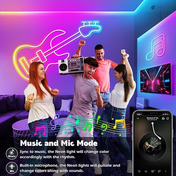 LETIANPAI Neon Rope Lights,Flexible Led Rope Lights Control with App/Remote,Multiple Modes Rope Lights,IP65 Outdoor RGB Led Neon Lights Waterproof,Music Sync Gaming Led Light Strip (50FT)