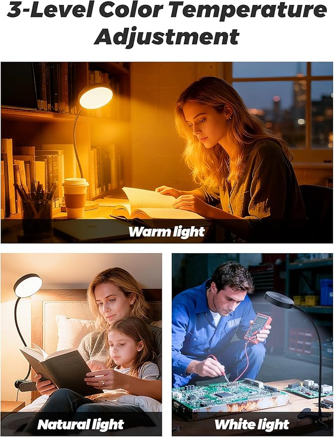 Clip on Light,10 Color RGB&Warm White Clip on Lamp + 10 Brightness Dimmable Desk Lamp, 500LM Bright Reading Light, Night Lamp, USB Adapter Desk Light for Bed/Headboard/Bedside