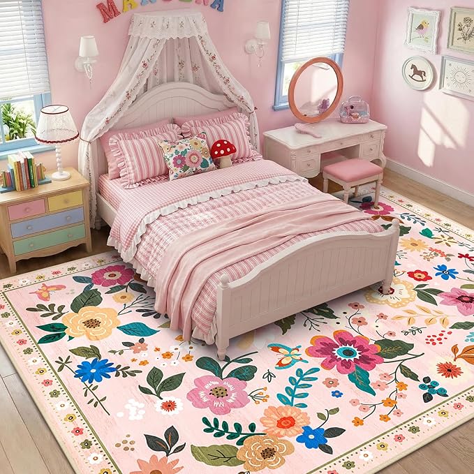 RELEANY Floral Nursery 8x10 Area Rugs Washable Print Boho Cute Carpet Non Slip Flower Low Pile for Living Room Kids Girls Playroom Bedroom Kitchen Office Farmhouse-Pink