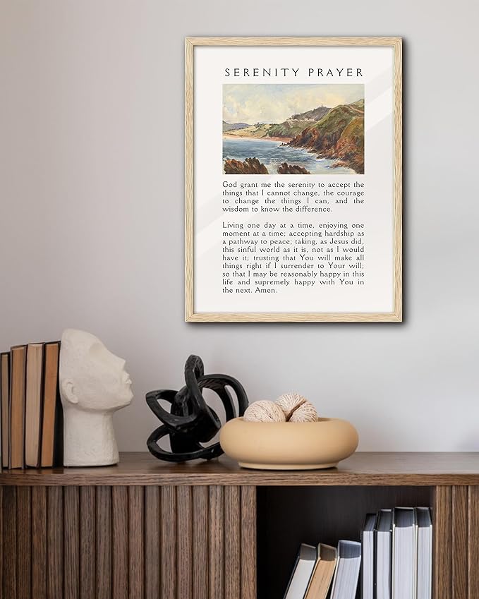 EcoHest Large 16x20in OAK Wood Framed Wall Art, Serenity Prayer Bible Verse Christian Canvas Wall Decor, Blue Modern Jesus Wall Prints for Bedroom, Living Room, Bathroom, Religious Gift, 1 Pack