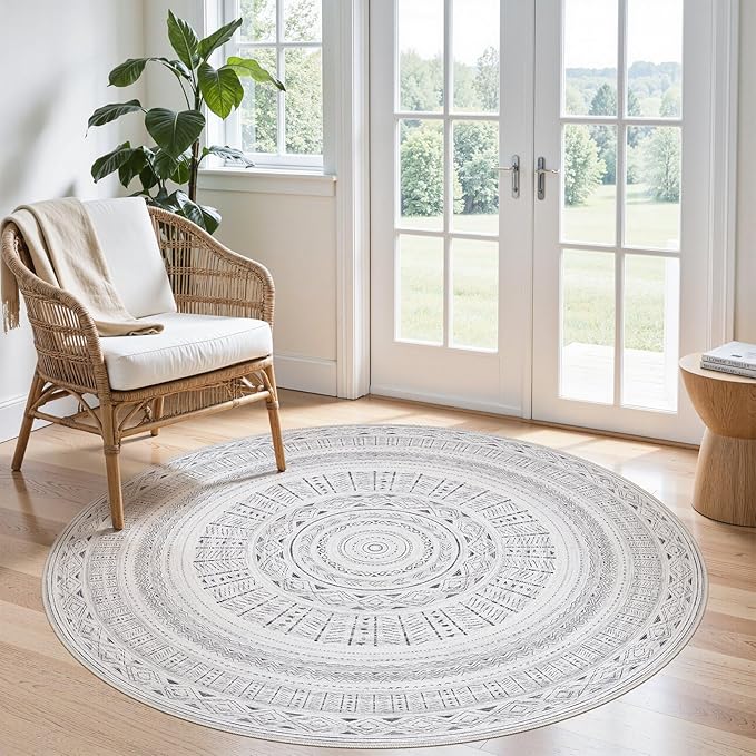 cotiled 5x5 Round Area Rug Living Room: Washable Boho Rugs with Non Slip Backing Large Soft Indoor Stain Resistant Carpet for Bedroom Farmhouse Dining Room Lightweight Home Decor Dark Grey