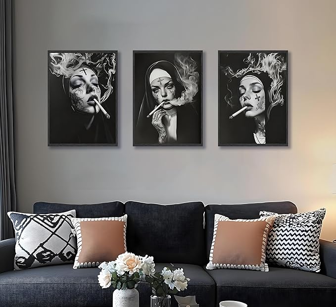 FJKLRP 3pcs Smoking Nun Wall Art Black and White Tattooed Woman Canvas Prints Poster Edgy Gothic Dark Aesthetic Wall Decor for Living Room Bedroom Studio Bar Unframed