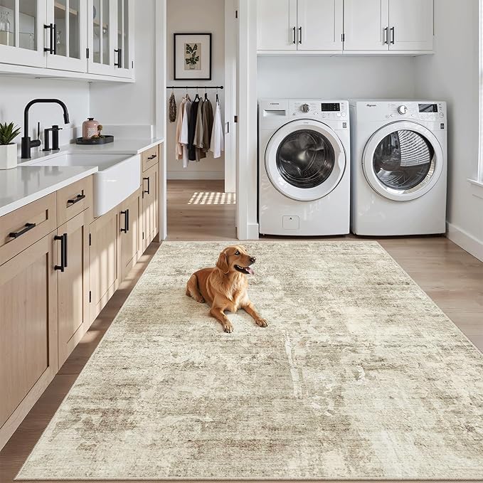 Soalmost 4x6 Area Rugs for Living Room, Vintage Washable Rugs for Dining Room, Bedroom, Home Office Decor, Non-Slip Beige/Gray Carpet Thin Rug