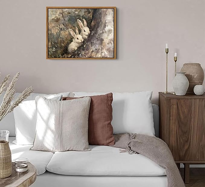 Framed Vintage Bunny Canvas Wall Art Rustic Rabbit in the Forest Vintage Farmhouse Painting Classical Oil Cottagecore Wall Decor For Bedroom Living Room Kitchen Office