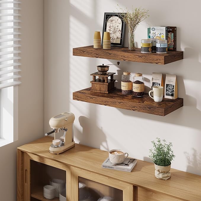 Fun Memories 12 Inch Deep Floating Shelves for Wall, 30 Inch Long Floating Shelf, 30 x 12 Shelf for Wall, Rustic Wood Bookshelves, Hanging Shelves for Bathroom Kitchen Bedroom, Rustic Brown, Set of 2