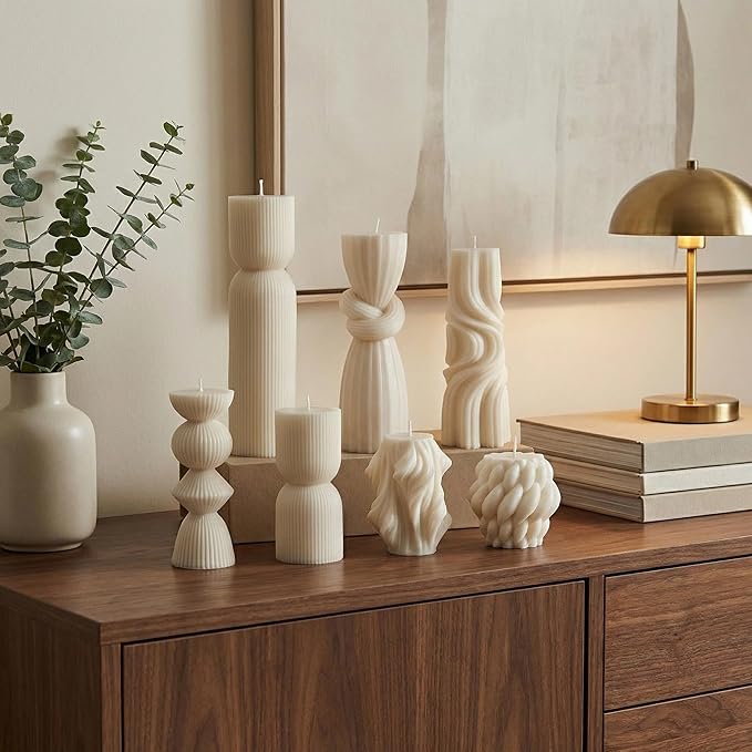 7-Pack Pillar Candles - Soy Wax Handmade Ribbed Candles for Home Decor, Housewarming Gift, Shelf & Table Decor - Aesthetic Modern Candles Set (White)