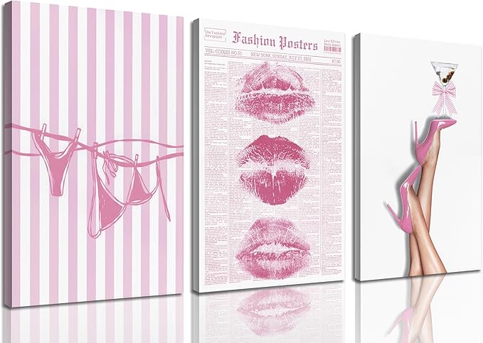 3Pcs Trendy Coquette Wall Art Pink Lips Bikini & Bow Heels Wall Decor Pictures Vintage Martini Newspapaer Canvas Posters Prints for Y2K Girly Room Dorm Apartment Preppy Aesthetic Decor 16x24in