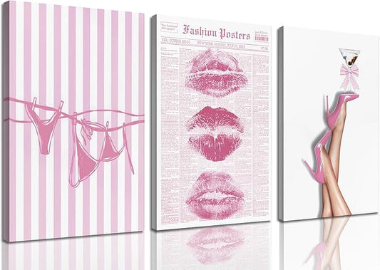 3Pcs Trendy Coquette Wall Art Pink Lips Bikini & Bow Heels Wall Decor Pictures Vintage Martini Newspapaer Canvas Posters Prints for Y2K Girly Room Dorm Apartment Preppy Aesthetic Decor 12x16in