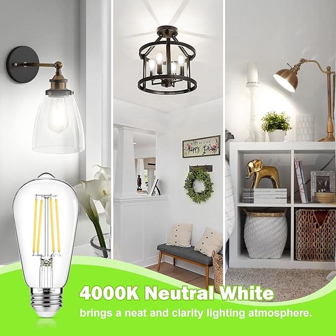 ASOMST 4-Pack Vintage Edison Bulbs 60W Equivalent, 850LM 6W LED Light Bulb Neutral White 4000K, ST58 Filament Lighting E26 Base, Non-Dimmable