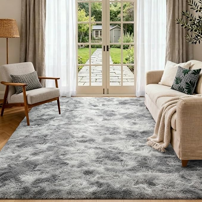 4x6 Ft Shag Rugs for Bedroom Living Room, Tie-Dyed Ultra Soft Fluffy Furry Area Rugs for Indoor Floor, Aesthetic Carpet for Kids Home Decor (Grey)