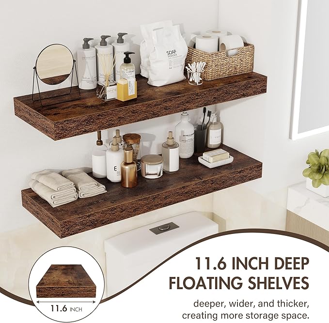 Acovy 40 Inch Floating Shelves, 12" Deep Floating Shelf Wall Mounted, 40" Wall Shelves, Rustic Deep Bookshelf, Extra Deeper & Thicker Display Shelves for Bedroom, Living Room, Brown, Set of 2