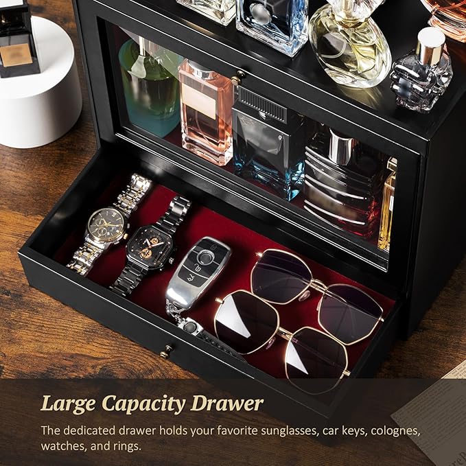 Emfogo Cologne Organizer, Leather Perfumes Organizer for Dresser, Large Capacity Dustproof Cologne Holder with Drawer Storage Perfume Stand Organizer, Ideal Gift for Loved ones