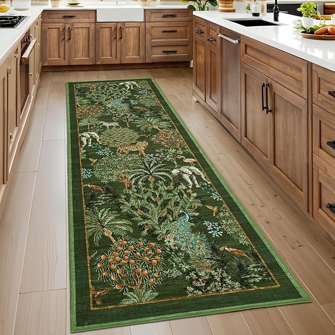 GarveeHome Jungle Rug 2x6 Kitchen Runner Rug Non Slip Washable Runners for Hallways, Animal Print Runner Rugs with Rubber Backing Low-Pile Forest Long Carpet for Bedroom Entryway Laundry, Dark Green