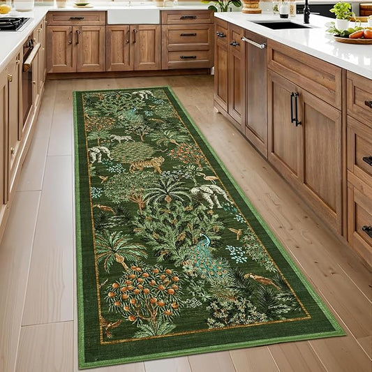GarveeHome Jungle Rug 2x6 Kitchen Runner Rug Non Slip Washable Runners for Hallways, Animal Print Runner Rugs with Rubber Backing Low-Pile Forest Long Carpet for Bedroom Entryway Laundry, Dark Green