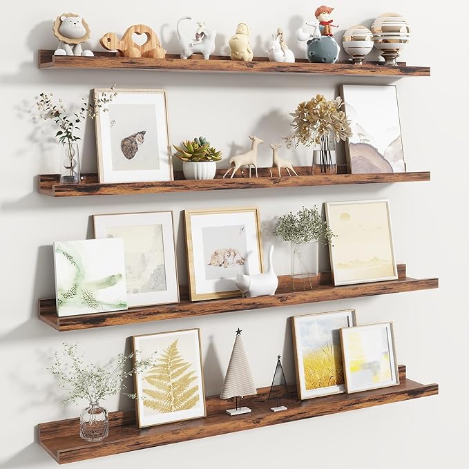 Fun Memories Picture Ledge Shelf, Floating Shelves Set of 4, 40 Inch Picture Shelves for Wall with Ledge, Large Nursery Book Shelf for Toys Storage, Living Room, Bedroom Decor Frames, Rustic Brown