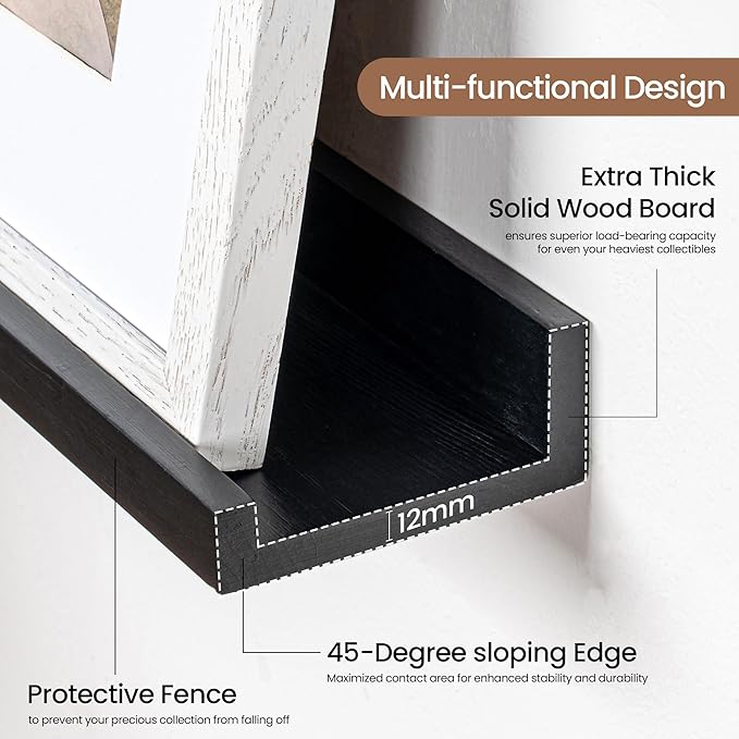 Picture Ledge Shelf, Floating Shelves Set of 2, 48 Inches Solid Wood Nursery Book Shelves for Toys Storage, Kids Bookshelf Wall Mounted for Living Room Bedroom Decor Books Photo Frames, Black