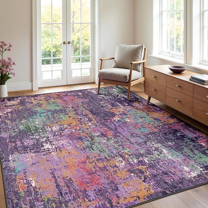 RELEANY Washable Area Rugs Square 8ft Non-Slip Modern Abstract Soft for Living Room Entryway Bedroom Nursery, Print Pattern, Purple Orange Blue Green Rust Red Colorful