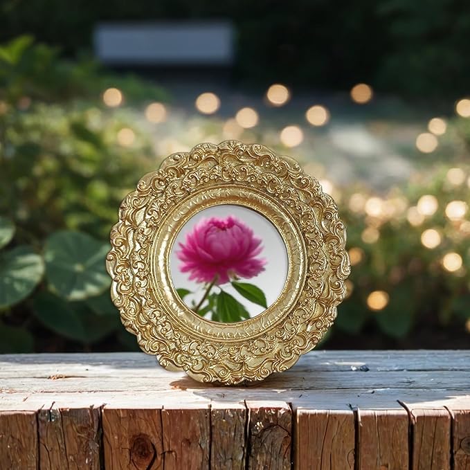 Golden Mini Vintage Mirror with Exquisite Relief Elegant Wall Decor for Bedroom Dresser Table Compact Resin Retro Design (Gold Round, 5X5)