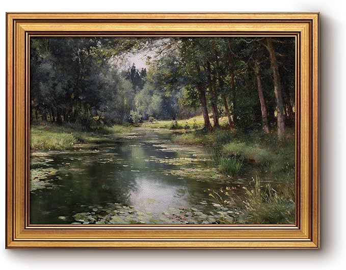 Bzstyleart Vintage Wall Art Decor for Office, Vintage Gold Framed Landscape Wall Art, Forest Riverside Painting, Room Decor Aesthetic for Living Room, 12 x 16 Inch