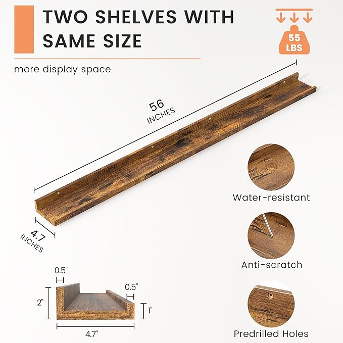 FLYJOE Picture Ledge Shelf, Floating Shelves Set of 2, 56 Inches Long Large Nursery Book Shelves for Toys Storage, Kids Bookshelf Wall Mounted for Living Room Bedroom Decor Books Photo Frames