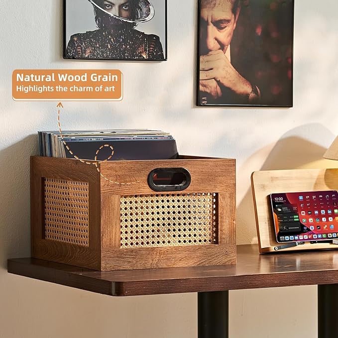 LELELINKY Vinyl Record Storage Crate, Rattan Vinyl Record Holder with Handle, Wood Record Crate for Vinyls Holder up to 75 LP's, Desktop Cube Album Storage for Vinyls Records(Tea Brown)