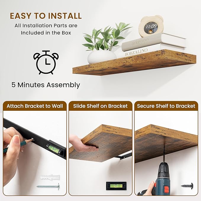 Fun Memories 40 Inch Brown Floating Shelves, 9.3 Inch Deep Wall Shelves for Living Room|Bedroom|Kitchen, Rusitc Wall Mounted Bathroom Shelves 2 Pack, Heavy-Duty Deep Shelf for Books，Decor