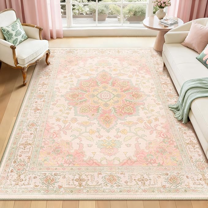 CAPALOCA Machine Washable Rugs Nursery Rug 5x7 Cute Girl Non Slip Low Pile Water Repellent Soft Print Pattern for Bedroom Indoor Decor Kids Playroom Pink Green