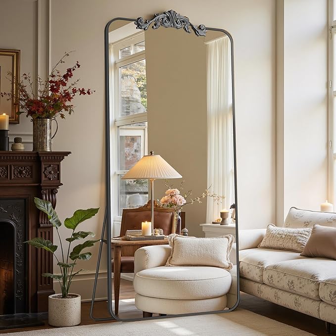 Vintage Full Length Mirror, 71"x32" Floor Mirror with Carved, Full Body Mirrors for Home Decor, Standing/Hanging Large Wall Mirrors for Bedroom/Living Room/Entryway, Black, Retro Style