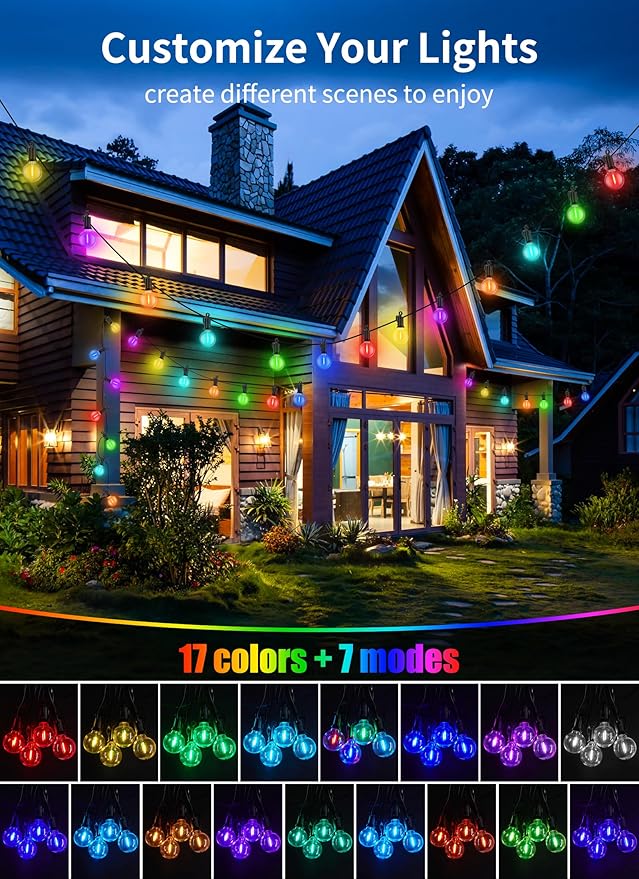 Brightown Outdoor String Lights 29 Feet G40 LED Patio Lights, 13 Plastic Multicolor Bulbs(1 Spare), Remote, Timer, Waterproof Connectable Hanging Light for Porch Balcony Party Decor, E12 Base, RGBW